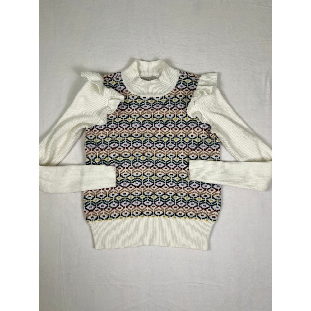 LOFT W XS Mock Neck Ruffle Shoulder Geometric Fair Isle Sweater Indie Y2K Preppy
